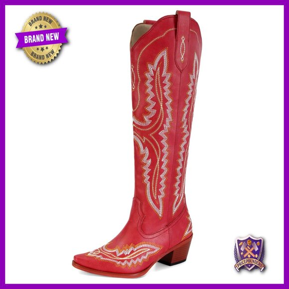 Knee High Cowboy Boots Chunky Heel Vintage Western Fashion Cowgirl Boots